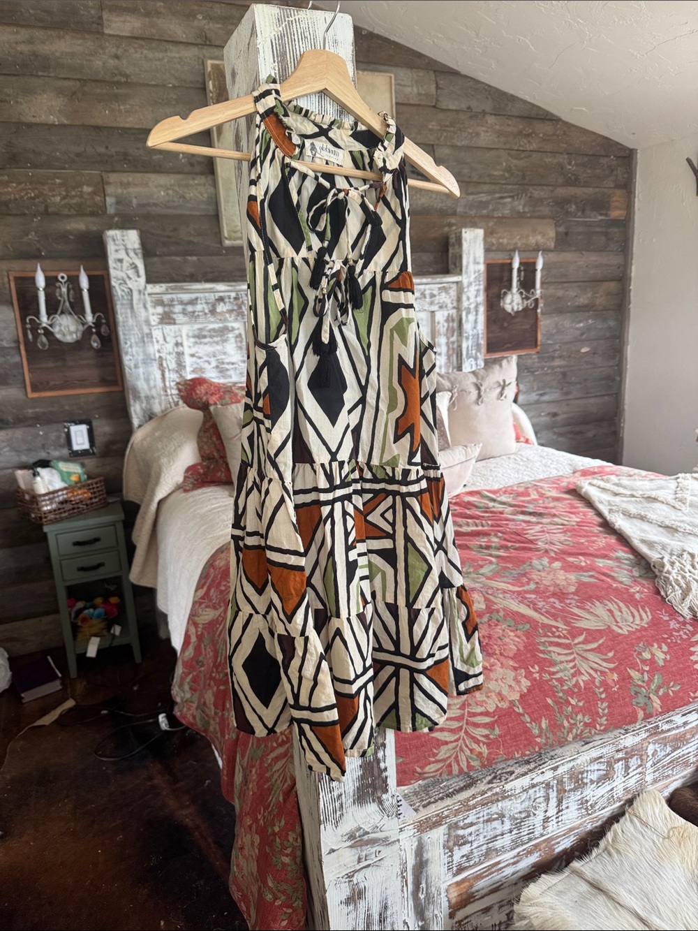 Boho Geometric Tiered Sundress in Olive & Rust
